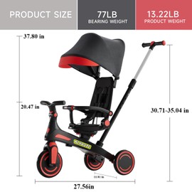 Winhope Kids Tricycle, 5 in 1 Baby's Tricycle Toddler Trike with Adjustable Push Handle, Reversible Seat and Canopy, Baby Stroller for 1-6 Year Olds, Suitable for Outdoor Activities(Red)