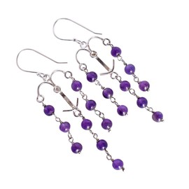 Amethyst-Ohrringe, 4 mm, Kugel-Cabochon, 925er-Sterlingsilber, baumelnde Ohrringe, violetter Edelstein, minimalistisches Design, leicht, handgefertigt, Schmuck, Boho-Geschenk für Frauen, Geburtsstein