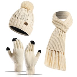 INSISMY Hat Scarf Gloves Set Women's Beanie Hat Long Scarf and Thermal Touch Screen Gloves Set 3 PCS Soft Warm Winter Knitted Pom Cap Set for Ladies Women Beige