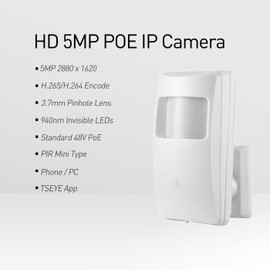 REVODATA 5MP PIR POE IP Camera, 3.7mm Lens 940nm Invisible LEDs HD 2880x1620P,IR Night Vision,Small Indoor Security Cam,PC/Phone App,Motion Detection(IPIR-M-POE White)
