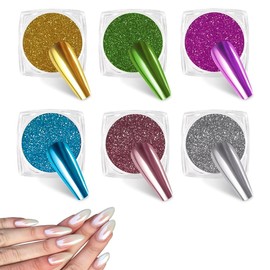 HABNI 6 Stück Chrome Nail Powder,Chrome Pulver Nägel Mit Spiegeleffekt,Laser Chrome Puder,Pearl Effect Powder Für Glazed Donut Nails,Charms Nägel(Gold,Silber,Roségold,Grasgrün,Marineblau,Orchideenviol