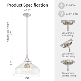 WUZUPS Chandelier Rustic Farmhouse Industrial Round Ceiling Pendant LED Light Fixture with Clear Glass Shades for Dining Room Kitchen Island Foyer Entryway, H 9.4" x W 10.6", E26 Base, Gold