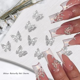 6Grids Butterfly Nail Charms - 3D Acrylic Butterflies Nail Art Rhinestones with Gold Silver Luxury Shiny Butterfly Manicure Jewelry Accessories Nails Art Charms for Women DIY Nail Decorations Craft
