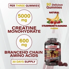 WellBoost Creatine MAX Gummies - 5000mg Creatine Monohydrate & 600mg BCAAs per Serving - Vegan, Sugar-Free Chewable Gummies with Strawberry & Banana Flavour - 90 Gummies (1 Month Supply)