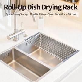 Roll Up Dish Drying Rack for Over Sink -17.5"x11.8" Foldable Stainless Steel Kitchen Drainer，Gray