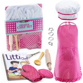JaxoJoy Kids Cooking and Baking Chef Set for Little Girls, Complete Cooking Sets, Toddler Dress Up and Pretend Play Dress Up Clothes for Girls, Kitchen Toys 3-5 Years Old with Kids Aprons