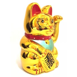 Feng Shui GOLD BECKONING CAT Wealth Lucky Waving Kitty Maneki Neko 5" Tall