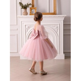Kismissal Flower Girls Tulle Dress with Pearls Bow Knot V-Back Contrast Mesh Puff Half Sleeves for Formal Wedding Party,Pink,100