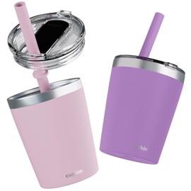 CUPKIN Kids & Toddler Cups, The Original 8 oz Stackable Stainless Steel Sippy Cup for Toddlers 3+ Years Old, Set of 2 Insulated Water Cups for Kids & BPA Free Lids + Silicone Straws (Pink + Purple)