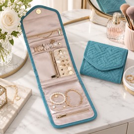 Foldable Jewelry Organizer for Travel – Blue Green Peach Skin Velvet Storage Bag for Jewelry & Small Accessories
