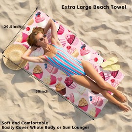 SAYOUZ Pink Cupcakes Beach Towel,Extra Large Microfiber Beach Towel,Lightweight Absorbent Quick Dry Sand Resistant Thin Swim Towel for Travel Seaside Camping,29.5” X 59”
