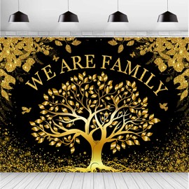 InMemory Family Reunion Backdrop Black Gold Glitter Family Tree We are Family Sign Banner Party Decorations Welcome Home Members Gathering Photography Background 7x5ft