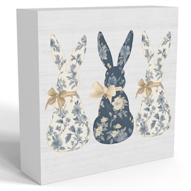 Easter Bunny Decor, Blue Floral Chinoiserie Easter Decoration, Grand Millennial Coquette Bow Decoration Wooden Box for Rustic Home Bedroom Living Room Table Shelf Office