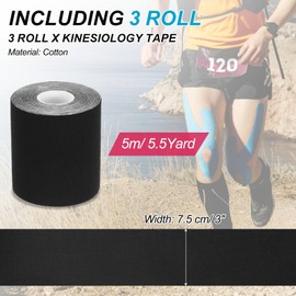 PATIKIL 5.5 Yard x 3 Inch Kinesiology Tape, 3 Roll Adhesive Cotton Sports Muscle Support Tapes Waterproof Elastic Tape for Knee Ankle Wrist Shoulder, Black