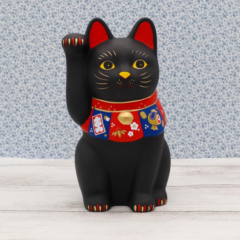 Yakushiken Maneki Neko (Black, Large) Fukushi (Good Luck Seal Included)