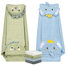 6 PCS Toddler Towels Set for Boy Girl 0-5 Year, 2 PCS Absorbent Hooded Baby Bath Towels Large 55" x 27.5" & 4 PCS Washcloths, Ultra Soft Toddler Newbo