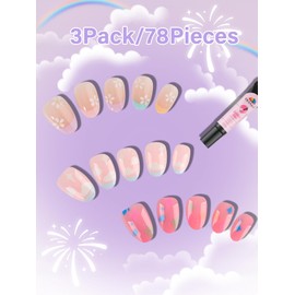78 Pieces Press on Nails for Kids, EBANKU 3 Pack Kid Fake Pink Star Flower Short Artificial False Nail Kits for Kids Girls 6-12 Years with Nail Glue