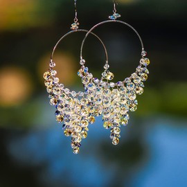 925 Sterling Silver Boho Hoop Earrings Chandelier Drop Statement with Crystals Jewelry Dangles multiple Tassels, Party Jewel Made by Handcraft