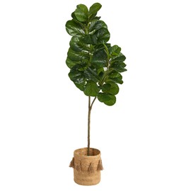 Nearly Natural 5.5ft. Fiddle Leaf Fig Artificial Tree in Handmade Natural Jute Planter with Tassels