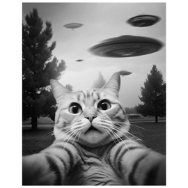 Funny Cat UFO Wall Art 11x14 - Vintage Style Tabby Cat Selfie with Flying Saucers - Whimsical Monochrome Print for Home Office - Pet Lover Gifts - Quirky Conversation Starter Unframed