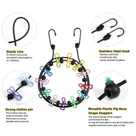 Portable Clothesline,Retractable Clothesline for Travel,Clothing line with 12 Clothes Clips,for Indoor Laundry Drying line,Outdoor Camping Accessories (black)