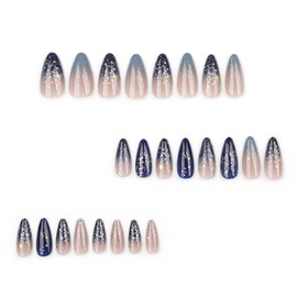 Almond Press on Nails Medium Length Fake Nails Starry Sky Design Stiletto Almond False Nails Full Cover Gradient Stick on Nails Glue on Nails Reusable Nails for Women Manicure Kit 24Pcs