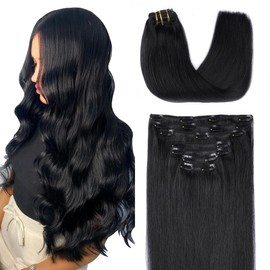 SURNEL Hair Extensions Clip in Human Hair #1 Jet Black 14inch 140g 7Pcs Clip in Hair Extensions Real Human Hair Silky Straight Thick Ends Full Head Set (7C#1-14)