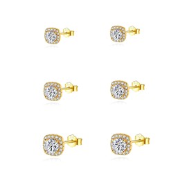 HinDaLi 3 Pairs 925 Sterling Silver Square Stud Earrings for Women Men Girls Gold Sparkly Square Earring Cubic Zirconia Women Earrings Gold Studs Men Earring Diamond Silver Sleeper Cartilage