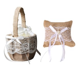 Smavles Wedding Ring Pillow Wedding Ring Cushion and Wedding Basket Flower Girl Baskets Romantic Jute Lace Bow Wedding Supply Decoration