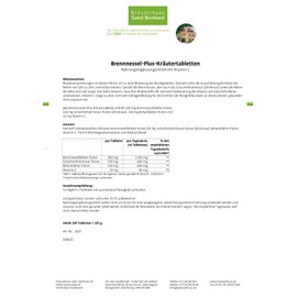 Sanct Bernhard Nettle Plus Herbal Tablets with Vitamin C, Horsetail Herb and Birch Leaf Powder, 300 Tablets