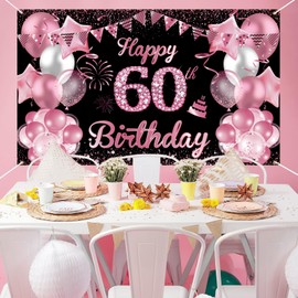 Waylipun Happy 60th Birthday Banner Black and RosePink Birthday Party Decorations Backdrop, Birthday Sign Poster Birthday Photo Background Fabric Banner for Girls Women, 110 x 180 cm (60th)