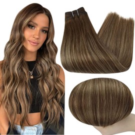 Full Shine Weft Hair Extensions Real Human Hair Color 4/24/4 Brown Fading to Blonde Hair Extensions Double Weft Sew in Hair Weave 12 Inch Hair Bundles Real Hair Extensions 80 Grams