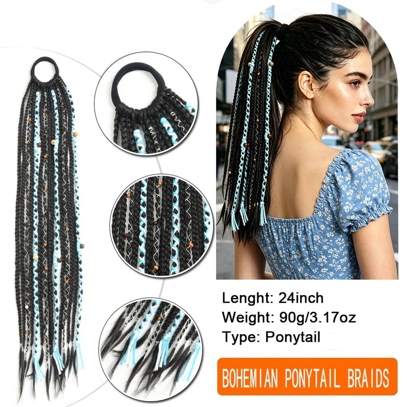 Boho Braided Ponytail Hair Extensions with Beads, 24" Viking Black