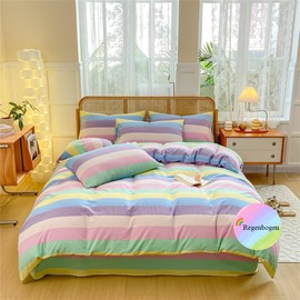 ZBOOM Girls' Bed Linen 135 x 200 cm Colourful Children's Bed Linen Multicoloured Rainbow Stripes Pattern Duvet Cover Zip with Pillowcase 80 x 80 cm