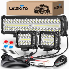 LEDKITO 12 inch LED Light Bar And 2PCS 4 Inch LED Pods With Switch 16AWG 3 Lead Off Road Wiring Harness Kit Triple Row Spot Flood Combo Light Bar Pods Kit for Off road UTV ATV Trucks Boat