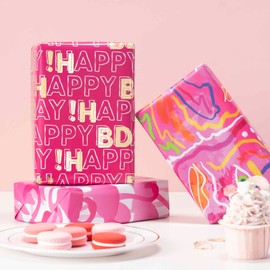 GAKA Pink Wrapping Paper Roll,17 Inch X 120 Inch Per Roll,3 Rolls Mini Roll ;Happy Birthday，Flamingo，Pink Pattern Design Suitable Birthday, Wedding,Party, Baby Shower