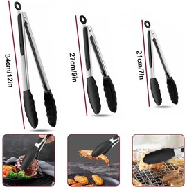 Pinzas de Cocina 3 Piezas, Pinzas Cocina Acero Inoxidable 21cm/28cm/34cm con Seguro de Cierre, Puntas Silicona Antiadherente, Alta Resistencia al Calor 446°F para Cocinar Ensalada BBQ Parrilla Servir