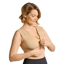 Tommie Copper Shoulder Support Compression Bra with Front Zipper Closure - Wireless Posture Corrector & Back Support Bra, Ideal for Gardening, Yoga, and Sports, UPF 50 - Nude, Large