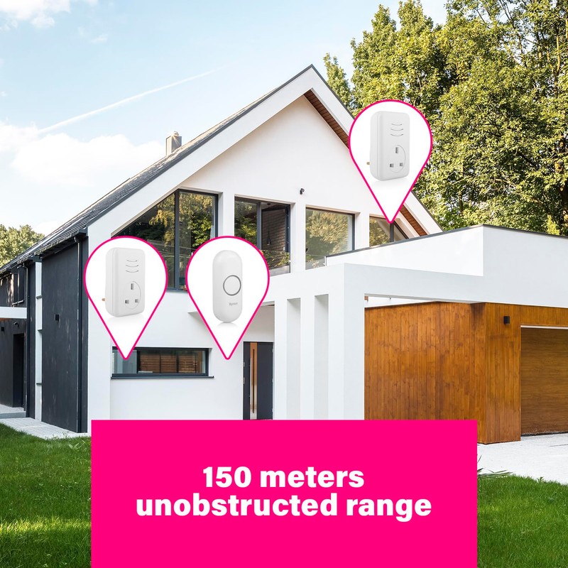 Byron Wireless Doorbell Set, 2 x Plug-Through Chimes, 150m Range,