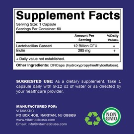Vitamatic Lactobacillus Gasseri - 12 Billion per DR Capsule - 60 Count - Digestive Support - Made with Prebiotic Inulin Fiber