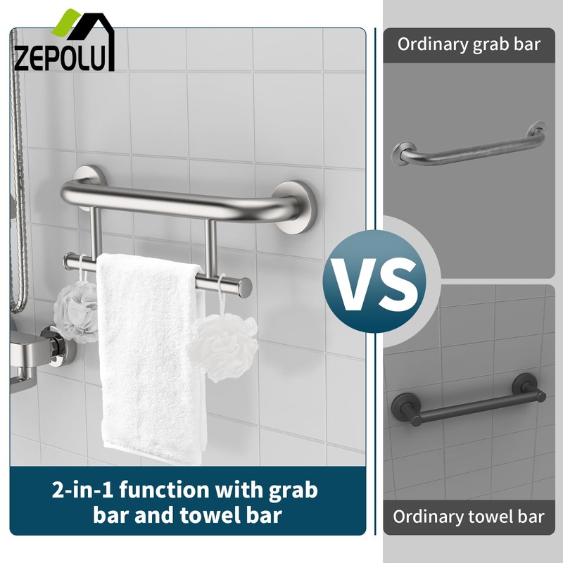 Brushed Nickel Towel Rack Grab Bar Combo, Zepolu Stainless Steel