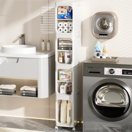 JOYZAN Narrow Bathroom Storage Cabinet with Movable Wheels, Slim Storage Cabinet with 4 Doors & Removable Panel, Skinny Bathroom Organizers and Storage for Small Space, Corner, Kitchen, Laundry