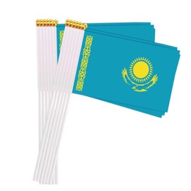 25 Packs Small Kazakhstan Flags on Handheld Stick，Miniature Kazakh Flag for Outside,4x6 Inch Mini Hand Held Banner with Golden Topper,Patriotic Decorations