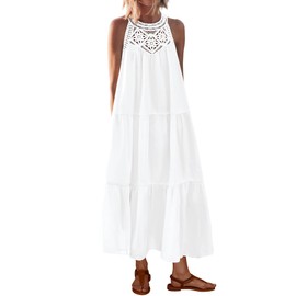 BTFBM Summer Halter Dresses for Women 2025 Casual Spring Hollow Out Sleeveless Boho Sundresses Beach Vacation Maxi Dress(White, X-Large)