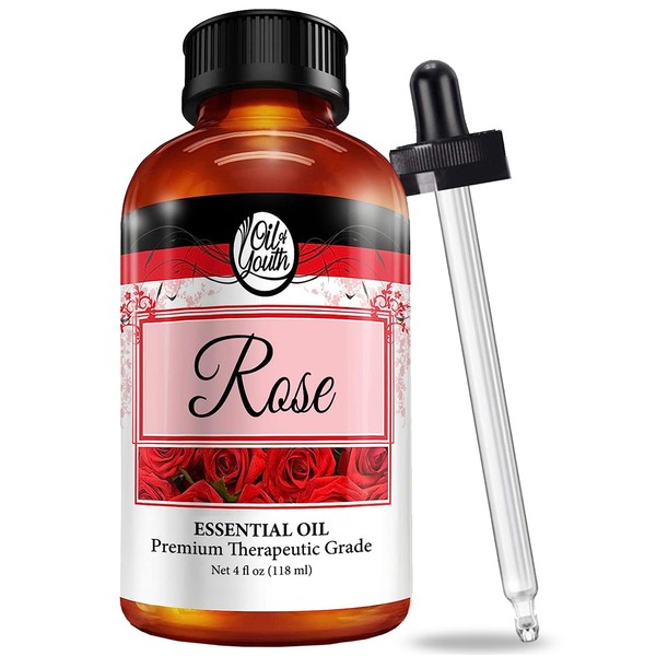 Oil of Youth Rose Essential Oil - Therapeutic Grade for Aromatherapy, Diffuser, Skin, Hair, Perfume & Candle Making, Dropper - 4 fl oz