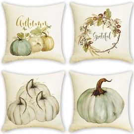 Leeelyan Autumn Pillow Cover 4 Pack 18x18 Inch Maple Leaf Pumpkin Cushion Cover Linen Pillow Case Thanksgiving Autumn