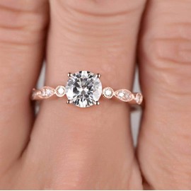 Finemall 6.5mm Round Morganite Engagement Ring Diamond Wedding Ring 14k Rose Gold Milgrain Band for Women Size 5-9, US 8, Zirconia,Gold Plated,Gold,Rose, Cubic Zirconia