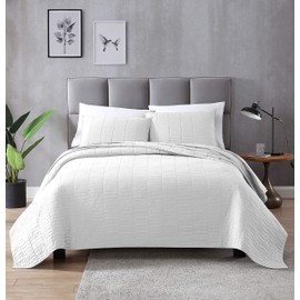 EXQ Home Quilt Set Full/Queen Size White 3 Piece,Lightweight Microfiber Coverlet Modern Style Stitched Quilt Pattern Bedspread Set(1 Quilt,2 Pillow Shams)