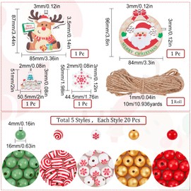 SUNNYCLUE 100 Pieces, 5 Types, 0.6 inch (16 mm) Christmas Tree Bead Set, Christmas Party, Large, Round Beads, Snow, Colorful, Frosted, Beads, Winter, Spacer, Beads, Craft Beads, Red, Green, Wood,