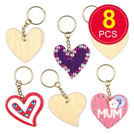 Baker Ross AF906 Heart Wooden Keyrings, Craft Kits For Kids to Paint, Decorate and Use (Pack of 8), 48mm